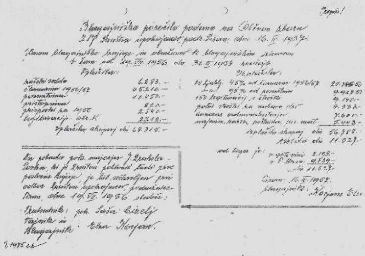 Št. 1-Blagajniški zapisnik iz leta 1956